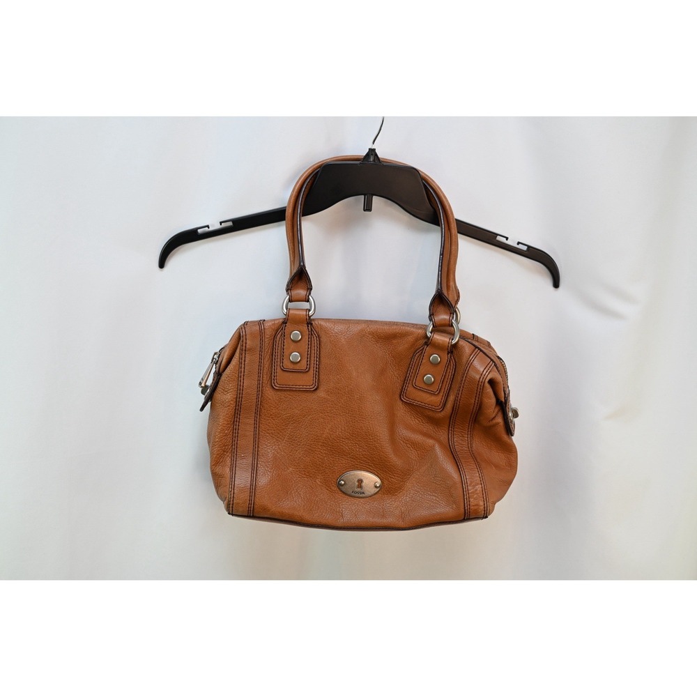 Fossil Tan Leather Shoulder Bag Medium Satchel Purse Brown Pink Lining